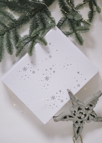 Красивая новогодняя подарочная коробка белая с серебряными снежинками купить в интернет-магазине фото 